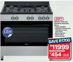 Pick n Pay Hypermarket Defy 900mm 5-Burner Stainless Steel Gas Stove offer
