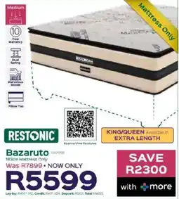 Sleepmasters Restonic Bazaruto 183cm Mattress Only offer