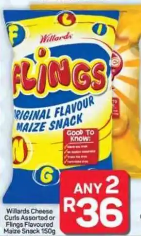 Pick n Pay Hypermarket Willards Cheese Curls Assorted or Flings Flavoured Maize Snack offer