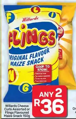 Pick n Pay Hypermarket Willards Cheese Curls Assorted or Flings Flavoured Maize Snack 150g offer