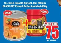 Boxer ALL GOLD Smooth Apricot Jam 900g & BLACK CAT Peanut Butter Assorted 400g offer