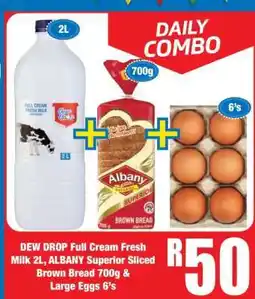 Boxer DEW DROP Full Cream Fresh Milk 2L, ALBANY Superior Sliced Brown Bread 700g & Large Eggs 6's offer