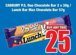 Boxer CADBURY P.S. Duo Chocolate Bar 2 x 30g / Lunch Bar Max Chocolate Bar 57g offer