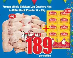 Boxer Frozen Whole Chicken Leg Quarters 4kg & JABA Stock Powder 8 x 15g offer