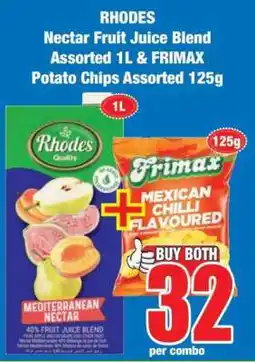 Boxer RHODES Nectar Fruit Juice Blend Assorted 1L & FRIMAX Potato Chips Assorted 125g offer