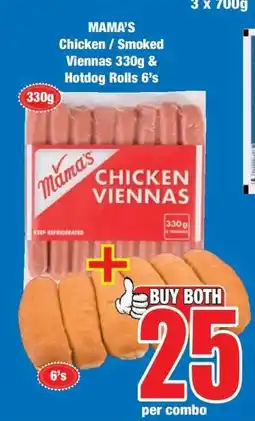 Boxer MAMA'S Chicken / Smoked Viennas 330g & Hotdog Rolls 6's offer