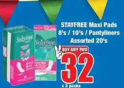 Boxer STAYFREE Maxi Pads 8's / 10's / Pantyliners Assorted 20's offer