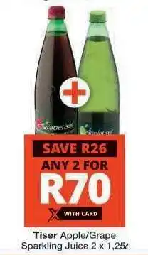 Checkers Tiser Apple/Grape Sparkling Juice 2 x 1,25ℓ offer