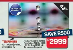 Pick n Pay Hypermarket TELEFUNKEN 43 (109cm) Full HD Smart LED TV offer