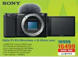 Incredible Connection SONY Alpha ZV-E10 Mirrorless + 16-50mm Lens offer