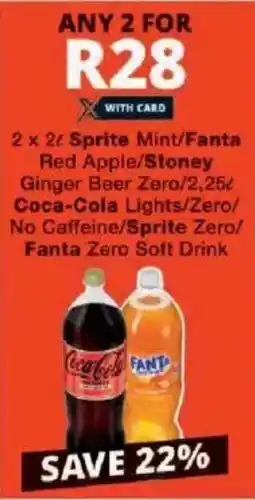 Checkers Sprite Mint/Fanta Red Apple/Stoney Ginger Beer Zero/ Coca-Cola Lights/ Zero/ No Caffeine/ Sprite Zero/ Fanta Zero Soft Drink offer