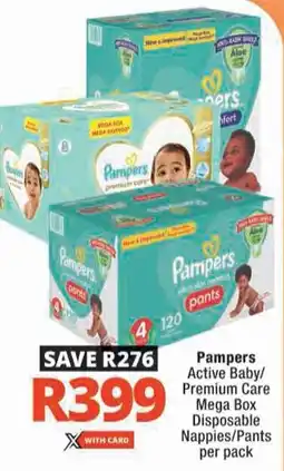 Checkers Pampers Active Baby/ Premium Care Mega Box Disposable Nappies/ Pants offer