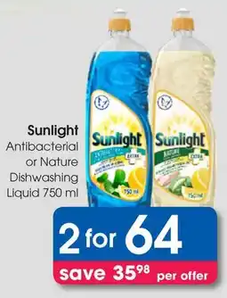 Clicks Sunlight Antibacterial or Nature Dishwashing Liquid offer