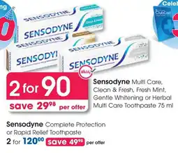 Clicks Sensodyne Multi Care, Clean & Fresh, Fresh Mint, Gentle Whitening or Herbal Multi Care Toothpaste offer
