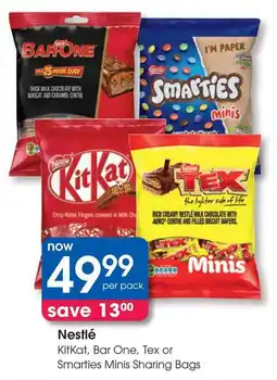 Clicks Nestlé KitKat, Bar One, Tex or Smarties Minis Sharing Bags offer