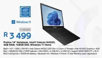 Computer Mania Proline 14" Notebook, Intel Celeron N4020, 4GB RAM, 128GB SSD, Windows 11 Home offer