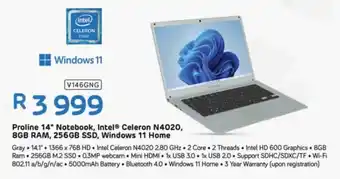 Computer Mania Proline 14" Notebook, Intel Celeron N4020, 8GB RAM, 256GB SSD, Windows 11 Home offer