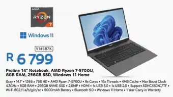 Computer Mania Proline 14" Notebook, AMD Ryzen 7-5700U, 8GB RAM, 256GB SSD, Windows 11 Home offer