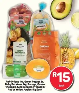 Pick n Pay PnP Onions, Green Pepper, Baby Potatoes, Papaya, Queen Pineapple, Kidz Bananas Prepack or Red or Yellow Apples offer