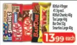 Supa Store KitKat 4 finger excl KitKat Chunky, Tex Large, Bar One, Smarties Large offer