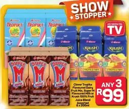 Pick n Pay Hypermarket Clover Tropika Flavoured Dairy Fruit Mix, Super M Flavoured Milk or Krush 100% Fruit Juice Blend Assorted offer