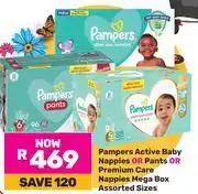 Game Pampers Active Baby Nappies Or Pants Or Premium Care Nappies Mega Box Assorted Sizes offer