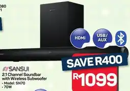 Pick n Pay Hypermarket SANSUI 2.1 Channel Soundbar with Wireless Subwoofer offer