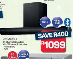 Pick n Pay Hypermarket SANSUI 2.1 Channel Soundbar with Wireless Subwoofer offer