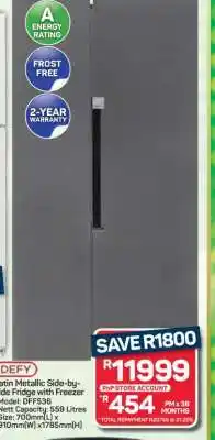 Pick n Pay Hypermarket DEFY Satin Metallic Side-by-Side Fridge with Freezer offer