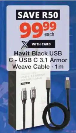 Checkers Hyper Havit Black USB C-USB C 3.1 Armor Weave Cable offer