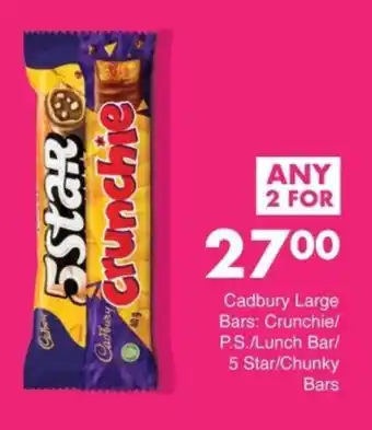 Save Cadbury Large Bars Crunchie/ P.S./ Lunch Bar/ 5 Star/ Chunky Bars offer