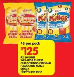 Shoprite Willards cheese curls/ flings original flavoured maize snack offer