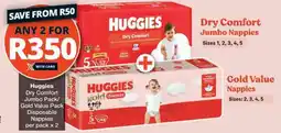 Checkers Huggies Dry Comfort Jumbo Pack/Gold Value Pack Disposable Nappies offer