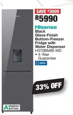OK Furniture Hisense Black Glass-Finish Bottom-Freezer Fridge with Water Dispenser H370BMIB-WD offer