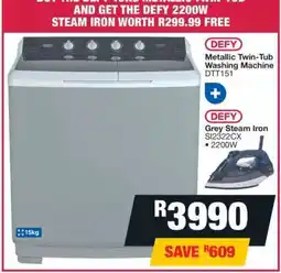 OK Furniture Defy Metallic Twin-Tub Washing Machine + Grey Steam Iron offer