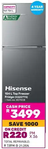 Game Hisense 154 L Top Freezer Fridge (H225TTS) offer