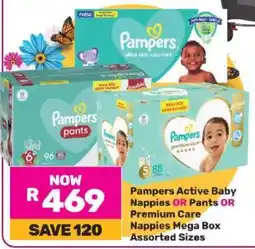 Game Pampers Active Baby Nappies OR Pants OR Premium Care Nappies Mega Box Assorted Sizes offer