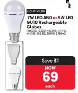 Makro Light Worx 7W LED A60 or 5W LED GU10 Rechargeable Globes offer