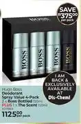 Dis-Chem Hugo Boss Deodorant Spray Value 4 Pack 3 x Boss bottles 150ml Plus 1 x Scent 150ml-Per Pack offer