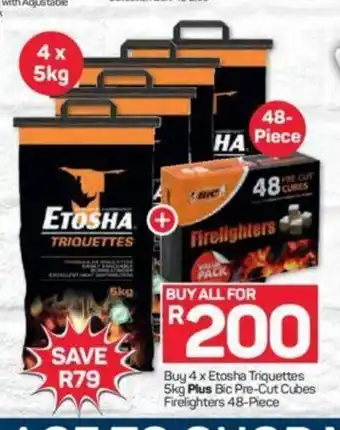 Pick n Pay Buy 4x Etosha Triquettes 5kg Plus Bic Pre-Cut Cubes Firelighters 48-Piece offer