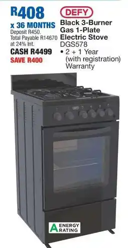 OK Furniture DEFY Black 3-Burner Gas 1-Plate Electric Stove DGS578 offer