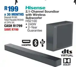 OK Furniture Hisense 2.1 Channel Soundbar With Wireless Subwoofer offer