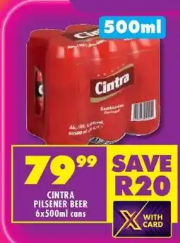 Shoprite CINTRA PILSENER BEER 6x500ml cans offer
