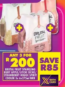 Shoprite BRUTAL FRUIT SPARKLING RUBY APPLE/LITCHI SÉCHÉ/STRAWBERRY ROUGE SPIRIT COOLER 3x 6x275ml NRB offer