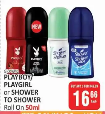 KitKat Cash and Carry PLAYBOY/PLAYGIRL or SHOWER TO SHOWER Roll On 50ml offer
