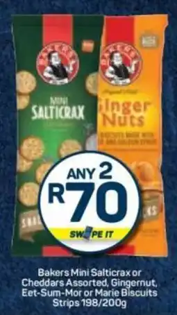 Pick n Pay Bakers Mini Salticrax or Cheddars Assorted, Gingernut, Eet-Sum-Mor or Marie Biscuits Strips offer