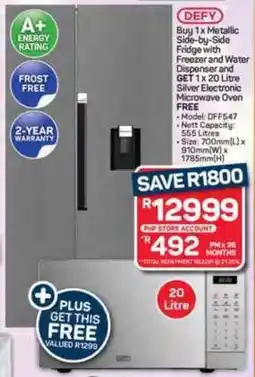 Pick n Pay Hypermarket DEFY Metallic Side-by-Side Fridge with Freezer and Water Dispenser offer