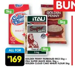 Shoprite GOLDEN PENNY PARBOILED RICE 5kg + ITAU SUPER MAIZE MEAL 5kg + GOLDEN CLOUD CAKE WHEAT FLOUR 5kg offer