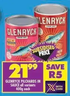 Shoprite GLENRYCK PILCHARDS IN SAUCE all variants 400g each offer