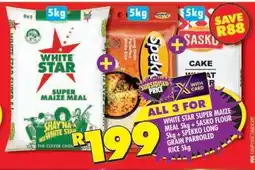Shoprite WHITE STAR SUPER MAIZE MEAL 5kg + SASKO FLOUR 5kg + SPEKKO LONG GRAIN PARBOILED RICE 5kg offer
